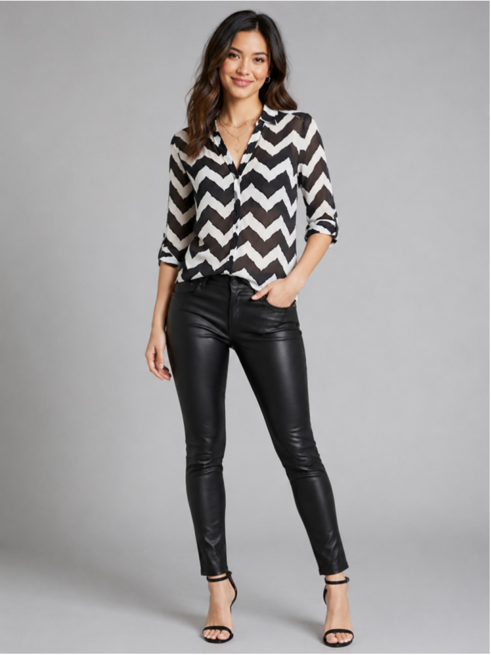 BCX Sheer Black & White Chevron Roll-Tab Blouse – Size Small